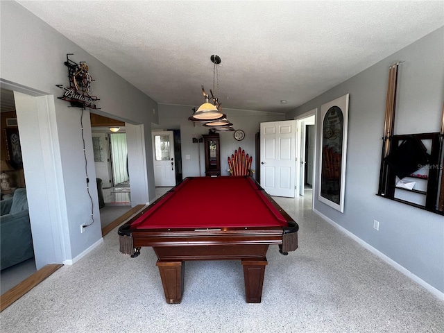 rec room featuring baseboards, billiards, a textured ceiling, and carpet flooring