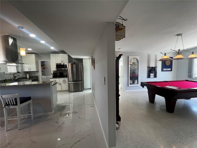 recreation room with a sink, baseboards, recessed lighting, and pool table