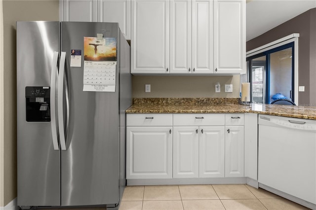95 Vivante Blvd # 9524, Punta Gorda, FL 33950 - kitchen featuring stainless steel refrigerator with ice dispenser, white dishwasher, white cabinetry, and light tile patterned floors