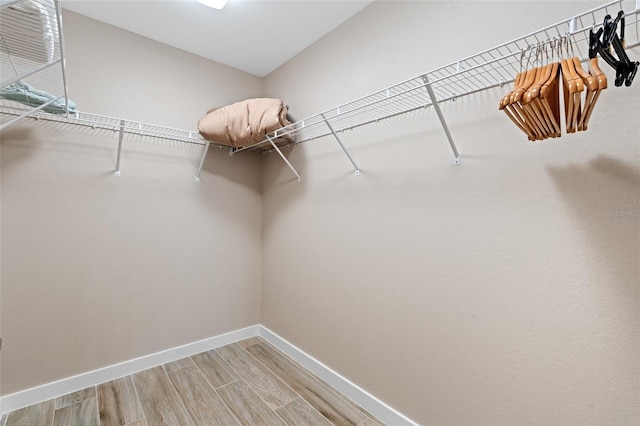 walk in closet with light wood finished floors