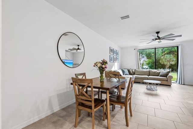dining room with visible vents, a ceiling fan, baseboards, and light tile patterned floors