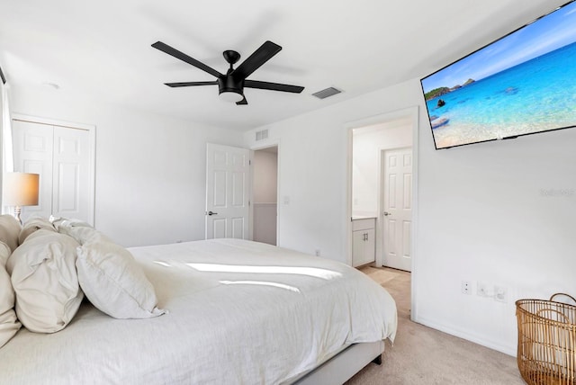 bedroom featuring baseboards, a ceiling fan, light colored carpet, and visible vents