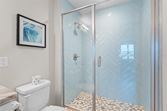 bathroom featuring toilet and a shower stall