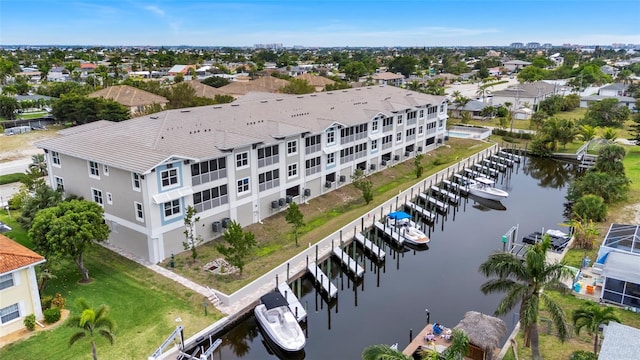 aerial view of a nearby body of water and a marina