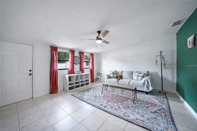 1741 NE Trisha Dr, Arcadia, FL 34266 - living room with a ceiling fan, tile patterned flooring, a textured ceiling, and baseboards