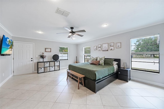 1741 NE Trisha Dr, Arcadia, FL 34266 - bedroom with ornamental molding, baseboards, a ceiling fan, light tile patterned flooring, and recessed lighting