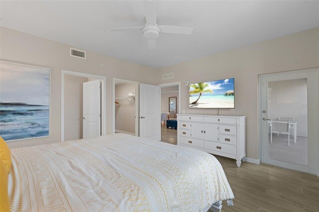 bedroom featuring wood finished floors, baseboards, ceiling fan, and a walk in closet