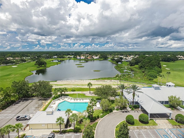 aerial view with a water view and golf course view