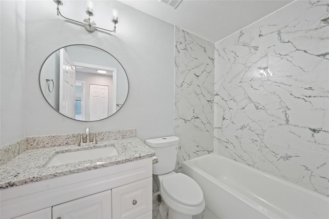 bathroom featuring toilet, visible vents, bathtub / shower combination, and vanity