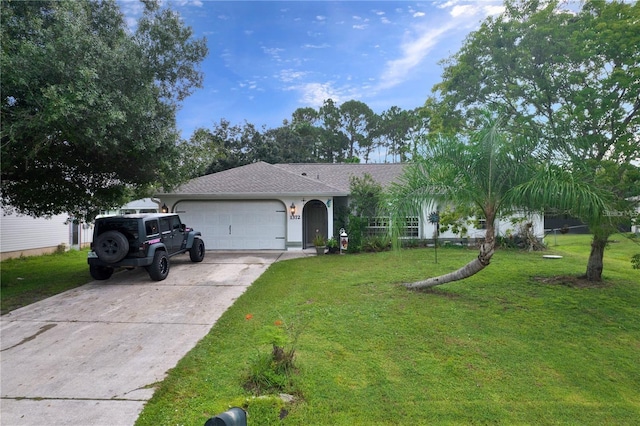single story home featuring an attached garage, a shingled roof, driveway, and a front yard