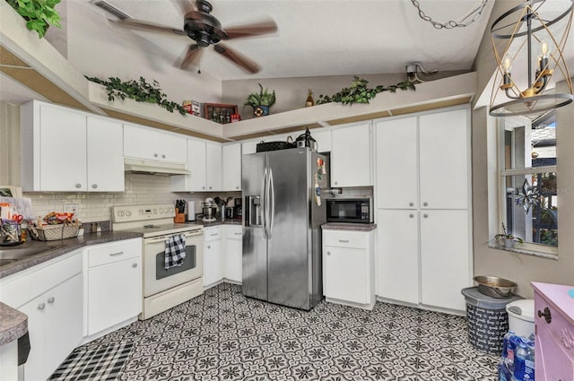 kitchen featuring black microwave, tasteful backsplash, stainless steel fridge with ice dispenser, white electric range oven, and under cabinet range hood