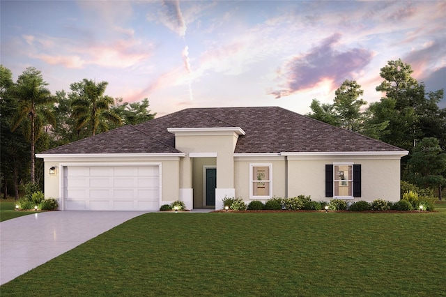 view of front facade featuring concrete driveway, a lawn, a garage, and stucco siding