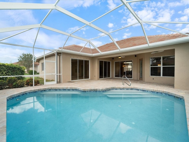 857 Macaw Cir, Venice, FL 34285 - pool featuring a lanai, a patio, and a ceiling fan