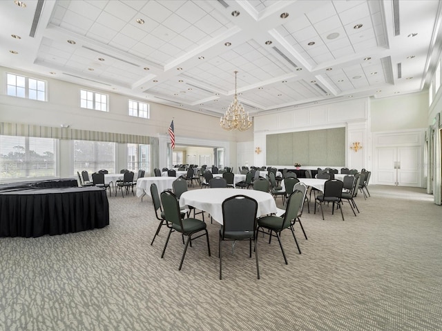857 Macaw Cir, Venice, FL 34285 - dining room featuring light carpet, a towering ceiling, and beamed ceiling