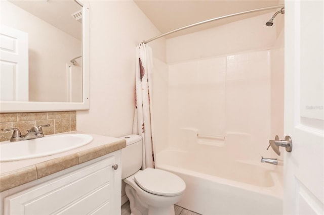 full bath with vanity, tasteful backsplash, shower / bath combo with shower curtain, and toilet