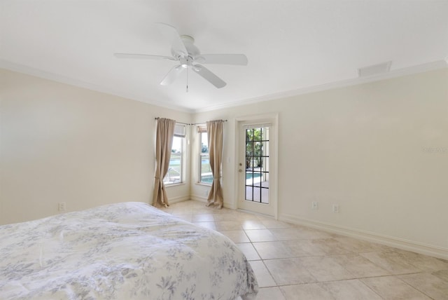 unfurnished bedroom featuring ornamental molding, baseboards, access to outside, a ceiling fan, and light tile patterned floors