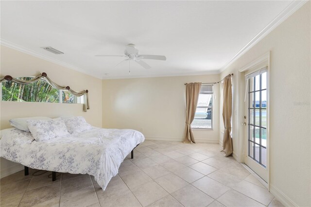 bedroom with visible vents, ornamental molding, light tile patterned flooring, baseboards, and a ceiling fan