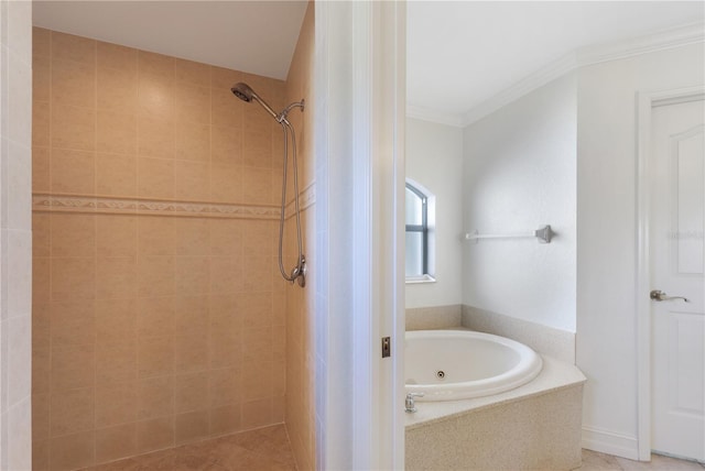 bathroom featuring ornamental molding, a tub with jets, and tiled shower
