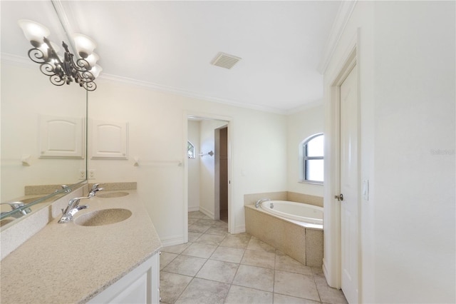 bathroom featuring visible vents, crown molding, an inviting chandelier, a bath, and a sink