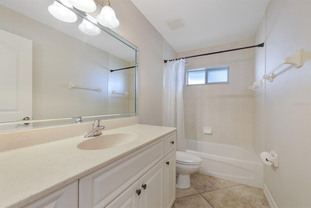 bathroom with tile patterned flooring, vanity, toilet, shower / bath combo with shower curtain, and visible vents