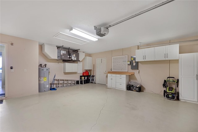 garage with a garage door opener, heating unit, electric panel, and electric water heater