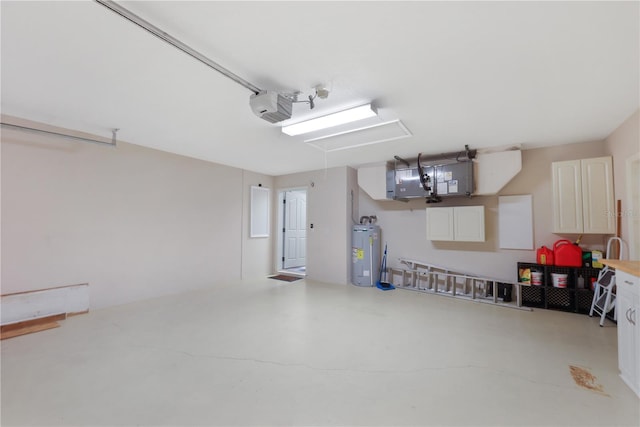 garage with a garage door opener, heating unit, and water heater