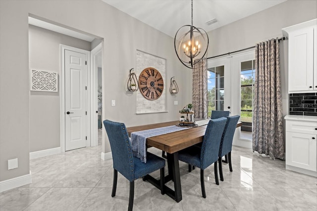 dining room with a chandelier, french doors, marble finish floor, baseboards, and visible vents