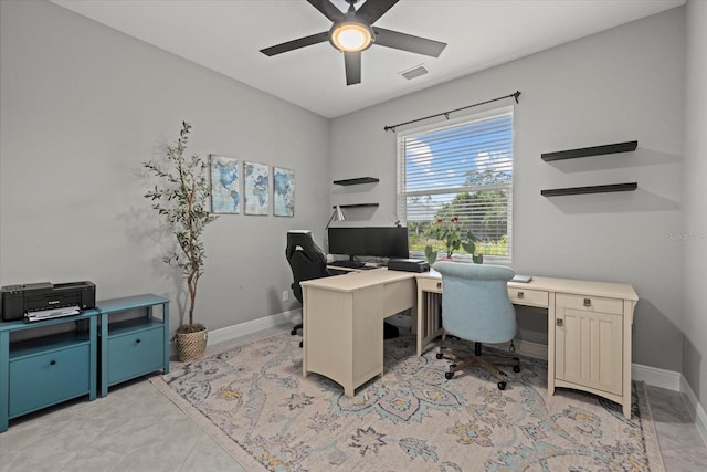 home office featuring baseboards, ceiling fan, and visible vents