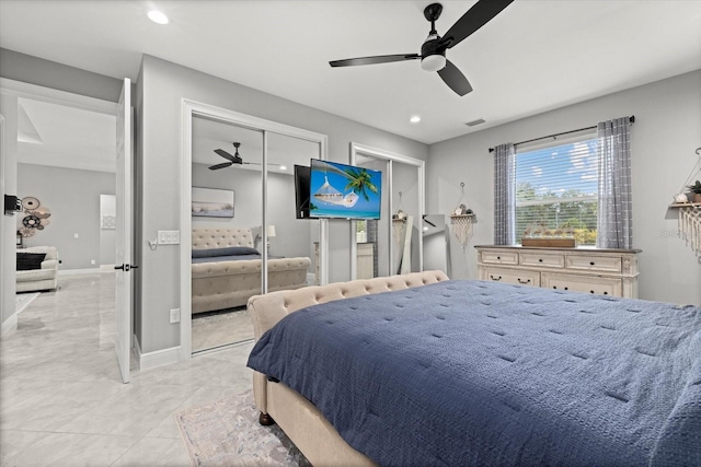 bedroom with visible vents, multiple closets, baseboards, ceiling fan, and recessed lighting