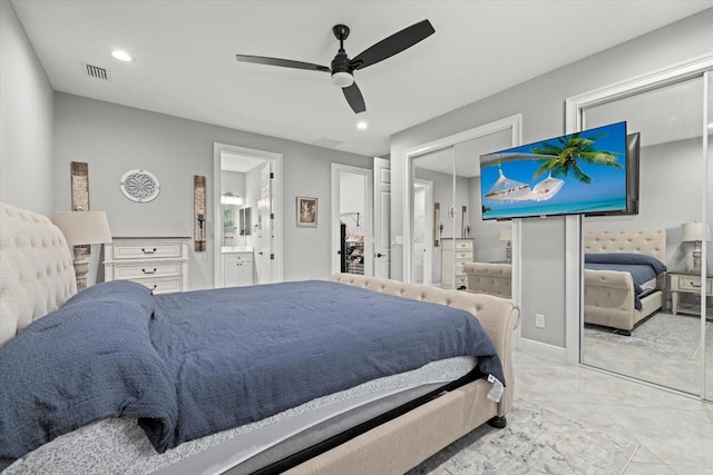 bedroom featuring a ceiling fan, ensuite bath, visible vents, a closet, and recessed lighting