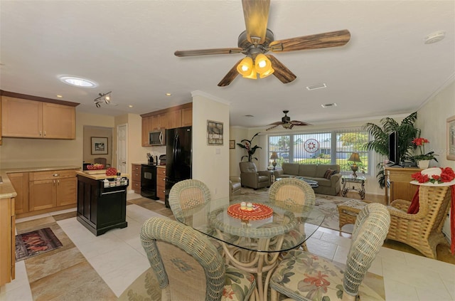 dining room with visible vents, ornamental molding, recessed lighting, a ceiling fan, and light tile patterned floors