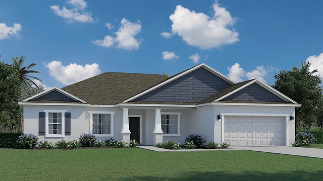 view of front of house featuring an attached garage, stucco siding, driveway, and a front yard