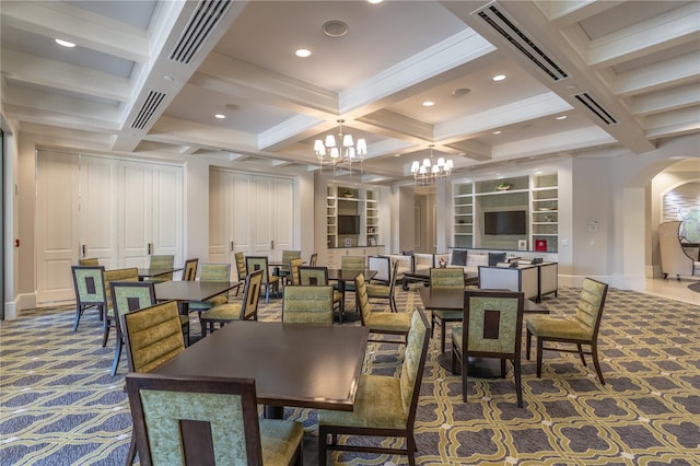 6763 Winding Cypress Dr, Naples, FL 34114 - dining space with visible vents, an inviting chandelier, beam ceiling, arched walkways, and coffered ceiling