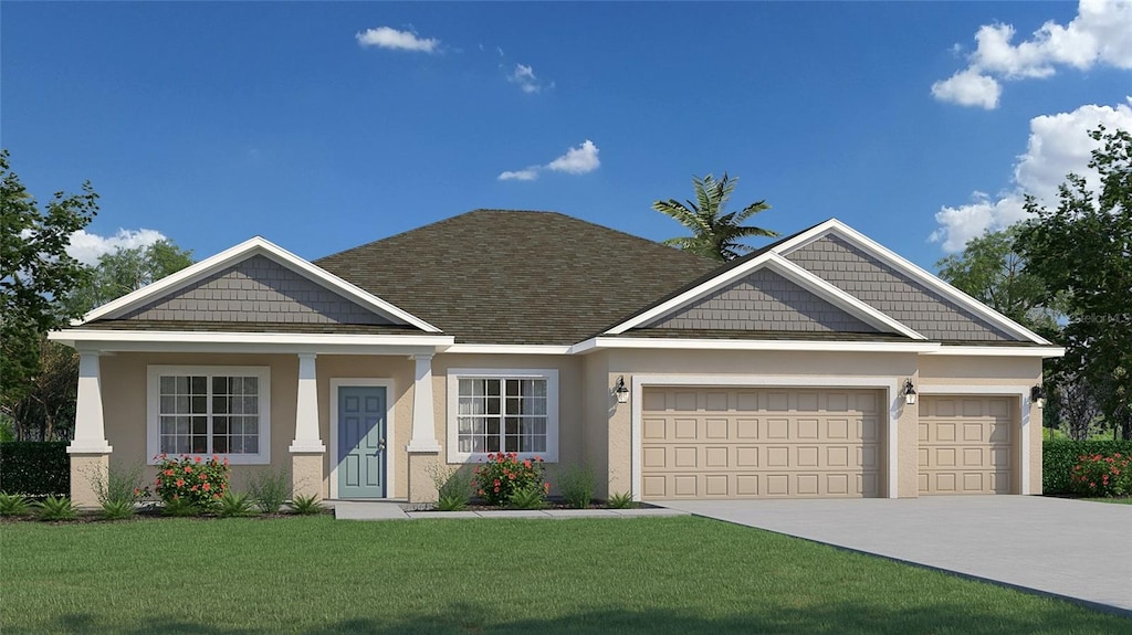 craftsman-style home featuring a garage, a front lawn, stucco siding, and concrete driveway