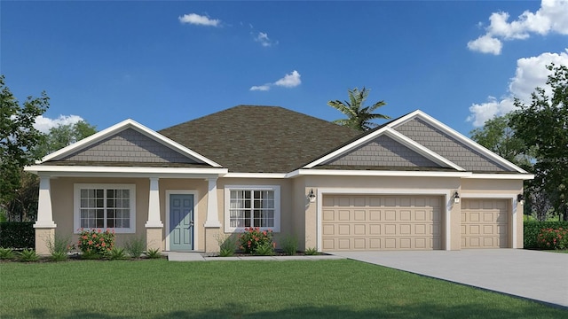 craftsman-style home featuring a garage, a front lawn, stucco siding, and concrete driveway