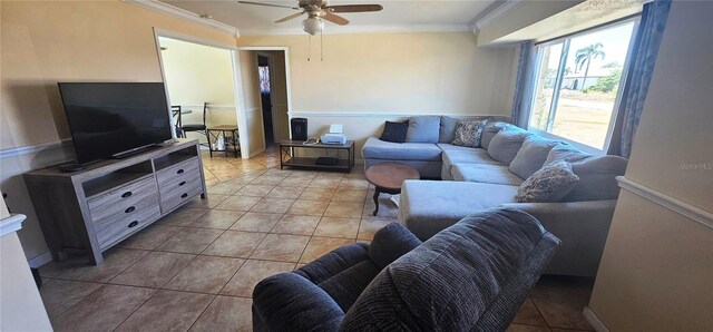570 Mimosa Ave NW, Port Charlotte, FL 33952 - living area featuring ornamental molding, a ceiling fan, and light tile patterned floors