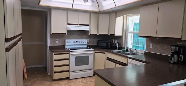 570 Mimosa Ave NW, Port Charlotte, FL 33952 - kitchen with electric stove, black microwave, dark countertops, and under cabinet range hood