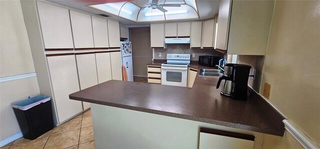 570 Mimosa Ave NW, Port Charlotte, FL 33952 - kitchen with white appliances, under cabinet range hood, dark countertops, and a peninsula