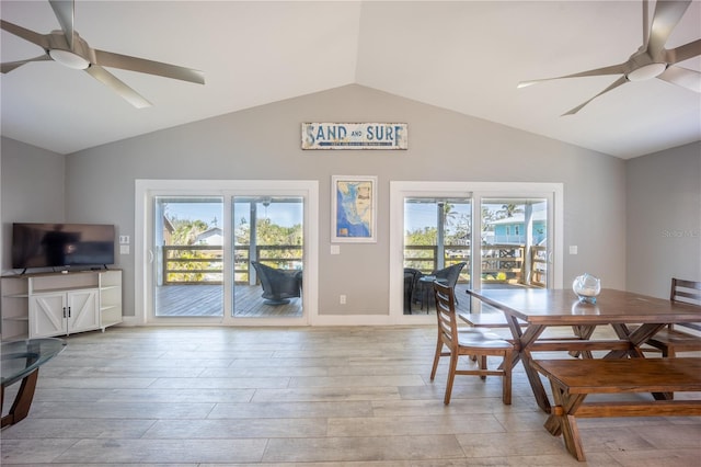 dining space with a wealth of natural light, light wood-style floors, lofted ceiling, and ceiling fan