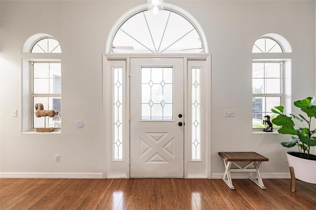 entryway with baseboards and wood finished floors