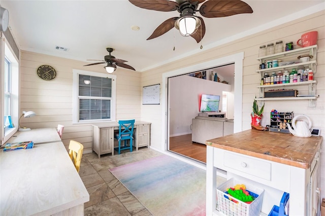 exterior space with visible vents and ceiling fan