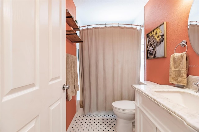 bathroom featuring toilet, a shower with shower curtain, and vanity