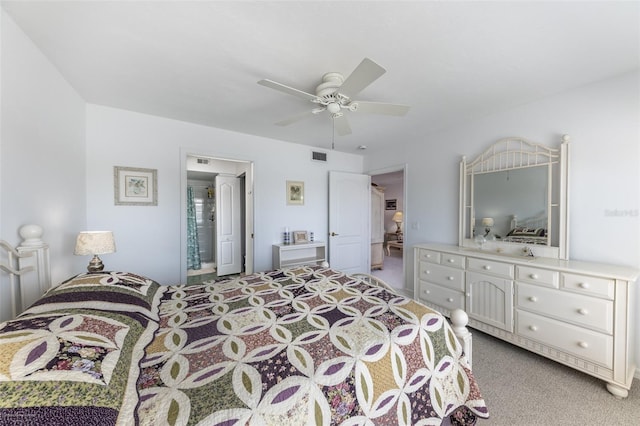 bedroom featuring light carpet, visible vents, and ceiling fan