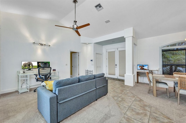 474 Lomond Dr, Port Charlotte, FL 33953 - living room featuring french doors, a desk, a ceiling fan, high vaulted ceiling, and light carpet