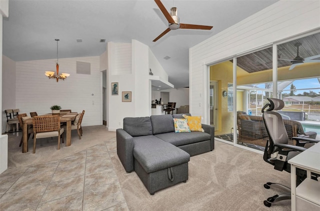 474 Lomond Dr, Port Charlotte, FL 33953 - carpeted living room featuring lofted ceiling, a chandelier, and a ceiling fan