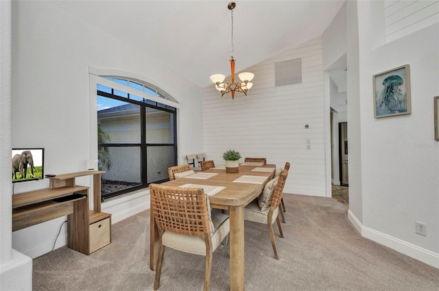 474 Lomond Dr, Port Charlotte, FL 33953 - dining space with a chandelier, light carpet, high vaulted ceiling, and baseboards