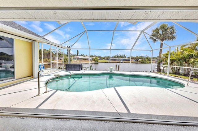 474 Lomond Dr, Port Charlotte, FL 33953 - outdoor pool featuring a patio, a water view, and glass enclosure