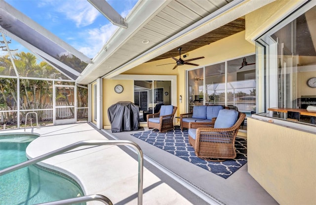 474 Lomond Dr, Port Charlotte, FL 33953 - view of patio / terrace with outdoor lounge area, an outdoor pool, a ceiling fan, and glass enclosure