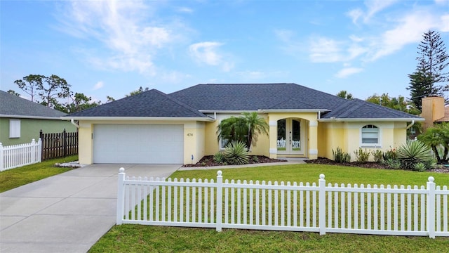 474 Lomond Dr, Port Charlotte, FL 33953 - ranch-style house with french doors, stucco siding, driveway, a garage, and a shingled roof