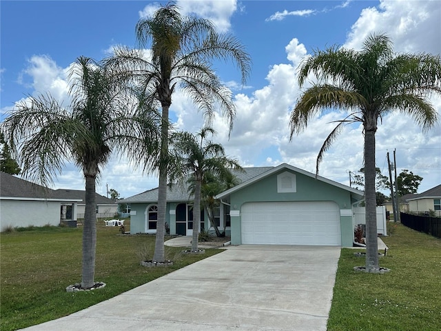single story home featuring a garage, fence, driveway, and a front lawn